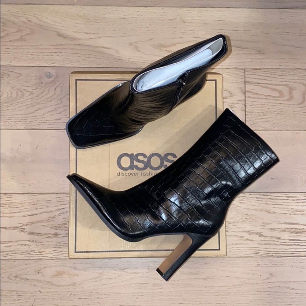 Asos Leather Croc Square Toe Heel